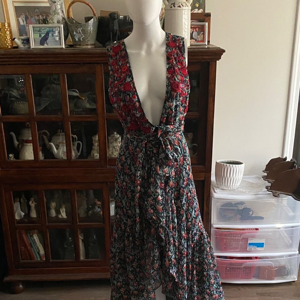 Ranna Gill Black and Red Floral High Low Dress